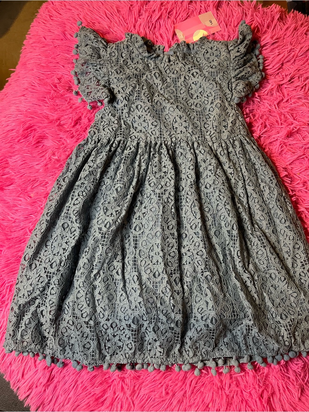 Girls' Lace Pom-Trim Casual Dress in Gray